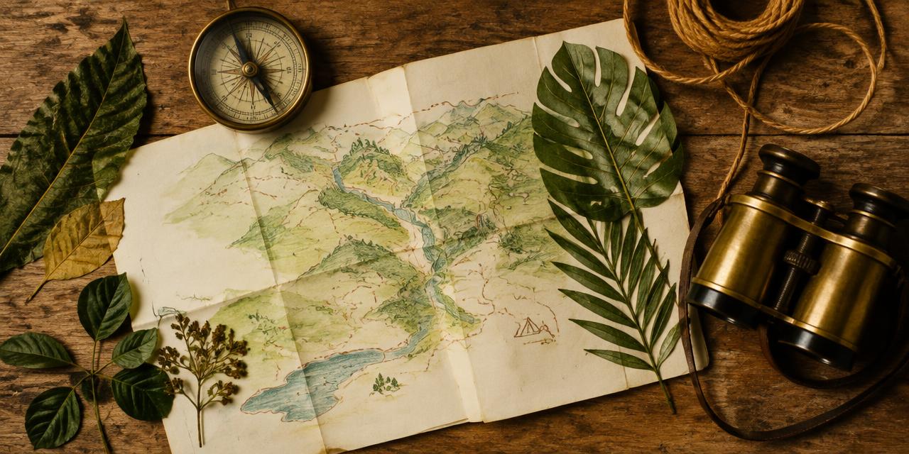 Libreta de guía con mapa, brújula y hojas